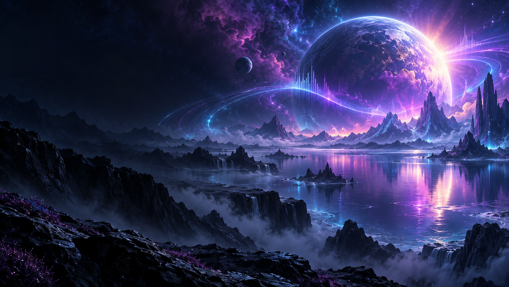 Alien mountains and a violet planet on the Synthetic Horizons cover
